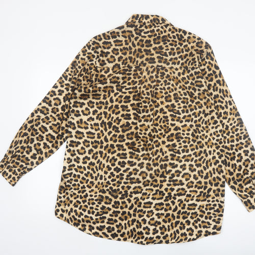 Zara Women Brown Leopard Print Long Sleeve Button-Up Shirt Size L