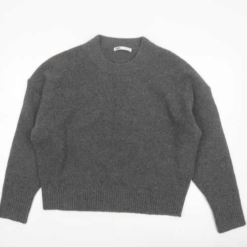 ZARA Women Grey Crew Neck Wool Blend Knit Jumper Size L