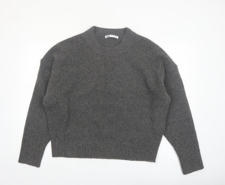 ZARA Women Grey Crew Neck Wool Blend Knit Jumper Size L