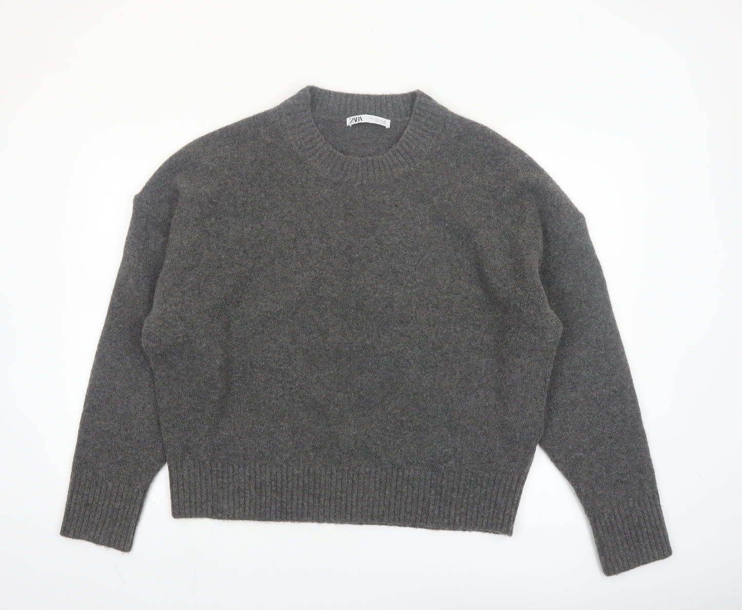 ZARA Women Grey Crew Neck Wool Blend Knit Jumper Size L