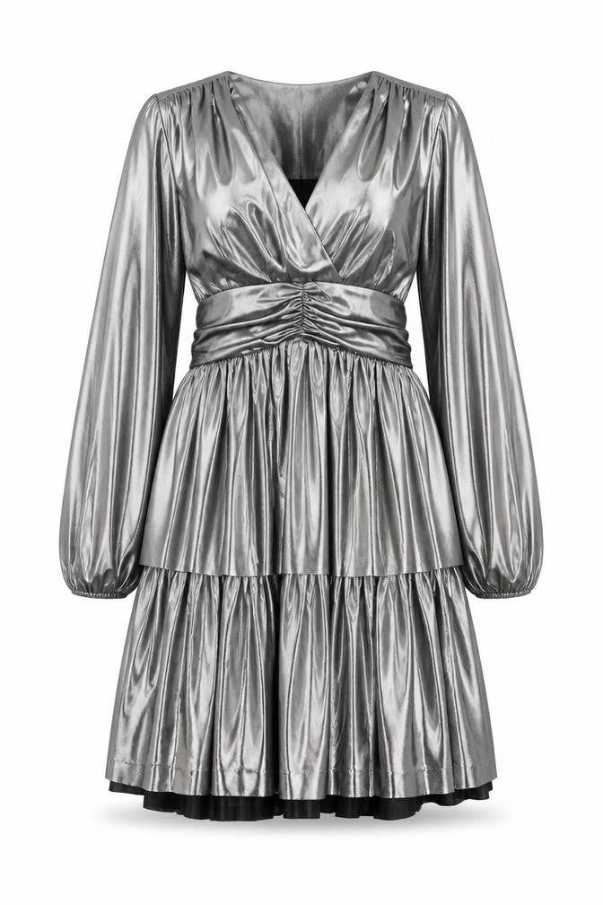 Front view of Gallery Women Silver, size 8, Wrap Mini Party Dress