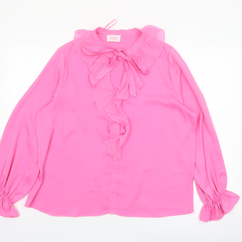 Savida Women Pink Ruffle Bow Neck Long Sleeve Blouse Size 16