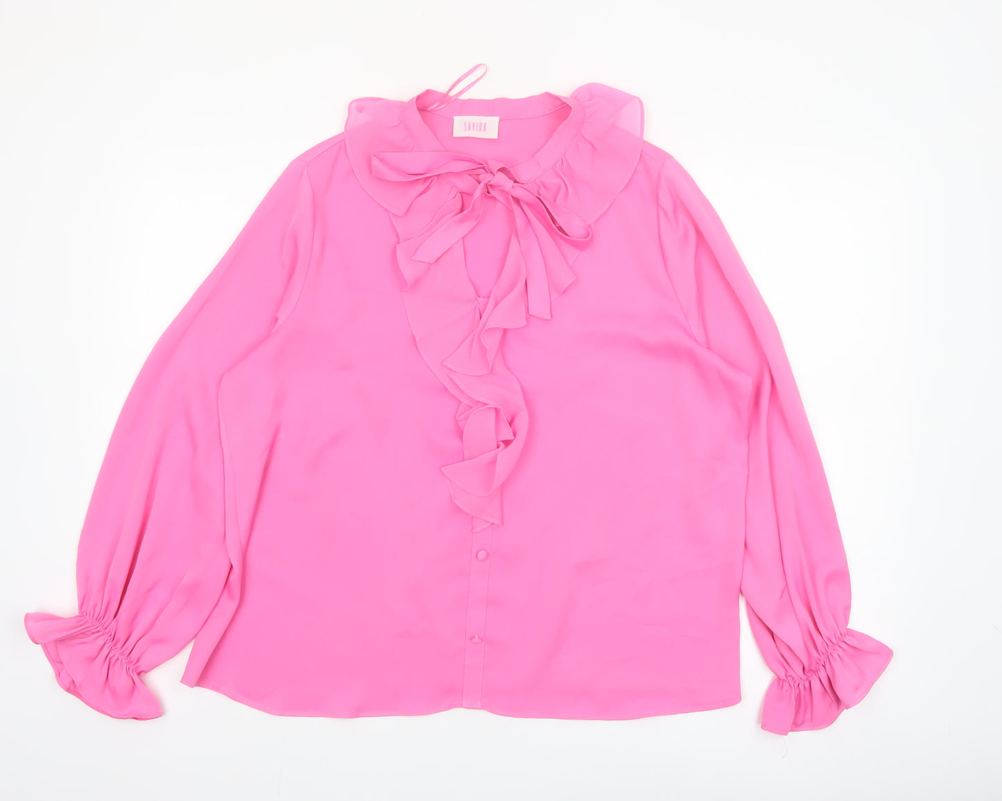 Savida Women Pink Ruffle Bow Neck Long Sleeve Blouse Size 16
