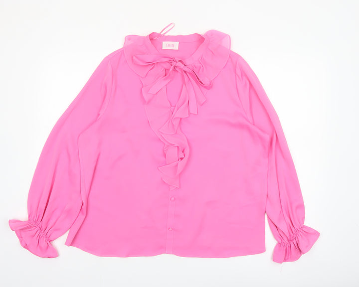 Savida Women Pink Ruffle Bow Neck Long Sleeve Blouse Size 16
