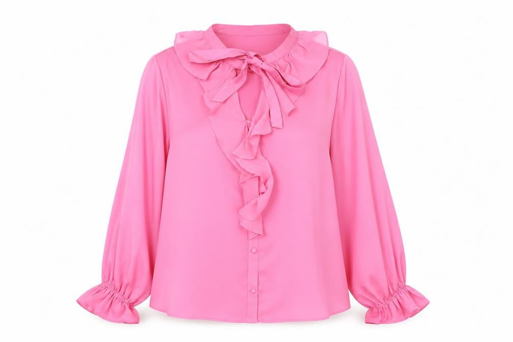 Front view of Savida Women Pink Ruffle Bow Neck Long Sleeve Blouse, size 16