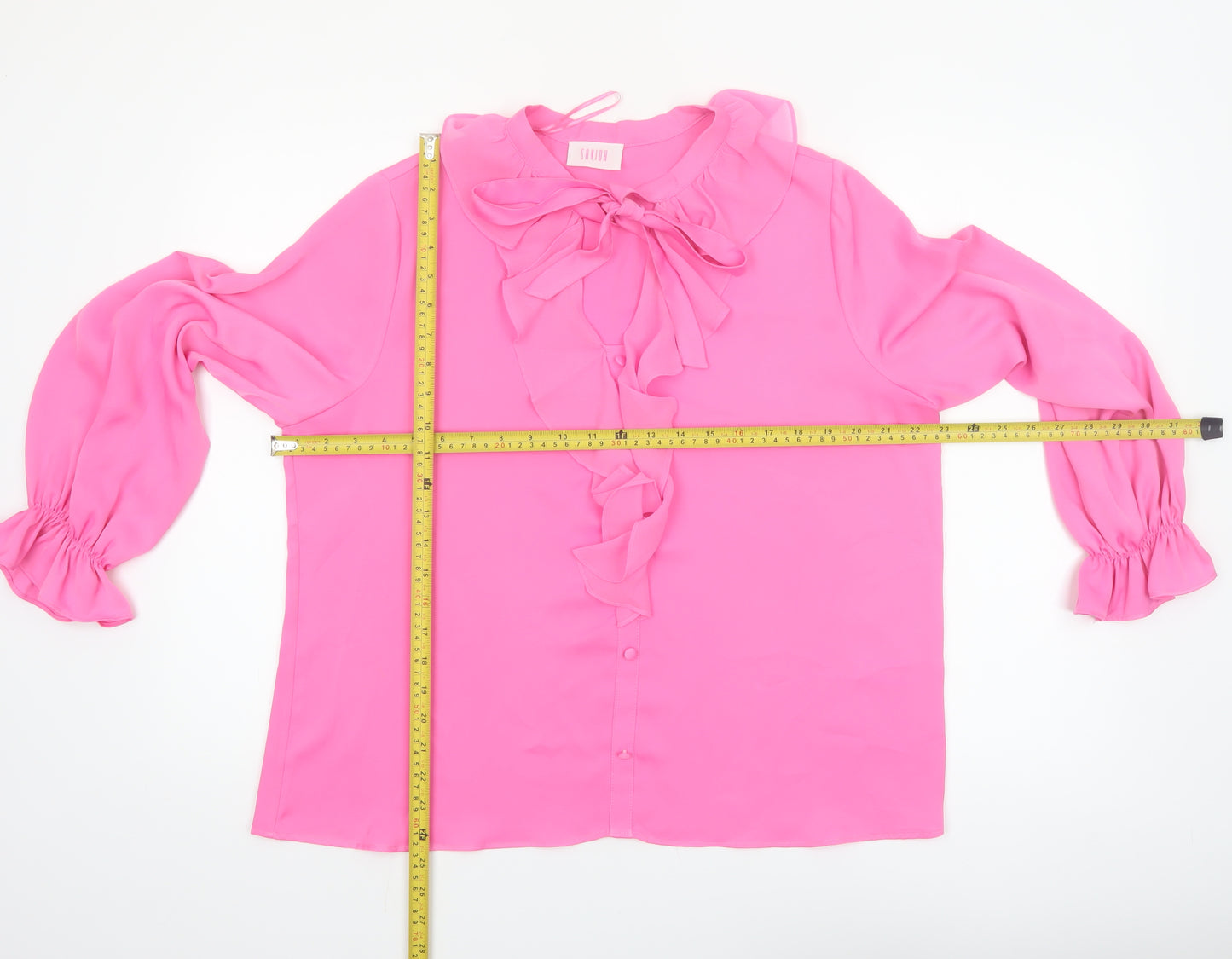 Savida Women Pink Ruffle Bow Neck Long Sleeve Blouse Size 16