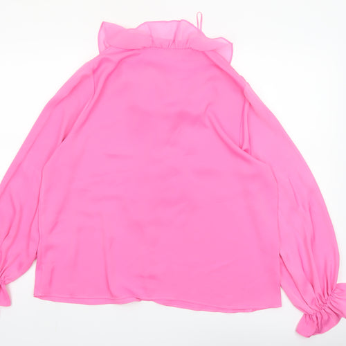 Savida Women Pink Ruffle Bow Neck Long Sleeve Blouse Size 16