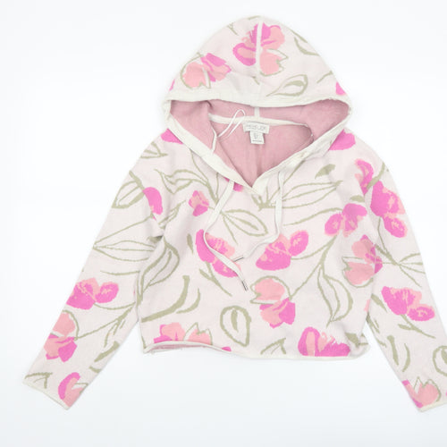 Rachel Zoe Women's Pink Floral Hooded V-Neck Knit Jumper Size S