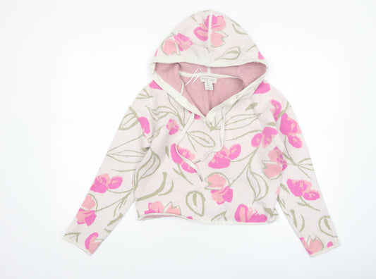 Rachel Zoe Women's Pink Floral Hooded V-Neck Knit Jumper Size S