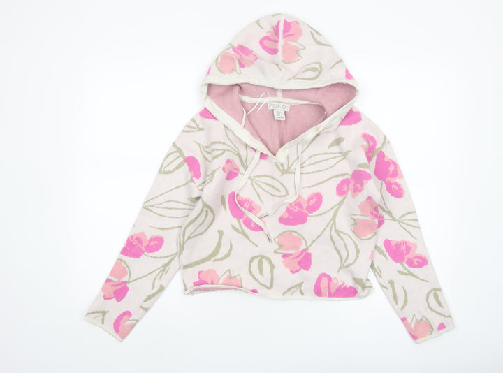 Rachel Zoe Women's Pink Floral Hooded V-Neck Knit Jumper Size S