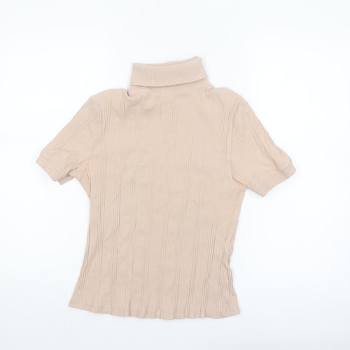 ZARA Women Beige Roll Neck Ribbed Short Sleeve Knit Top Size L