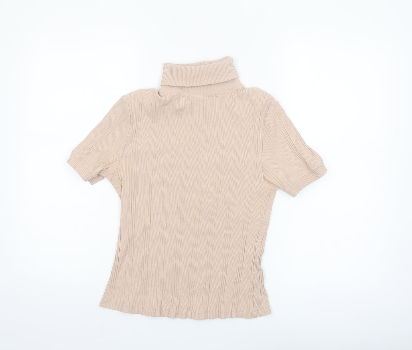 ZARA Women Beige Roll Neck Ribbed Short Sleeve Knit Top Size L