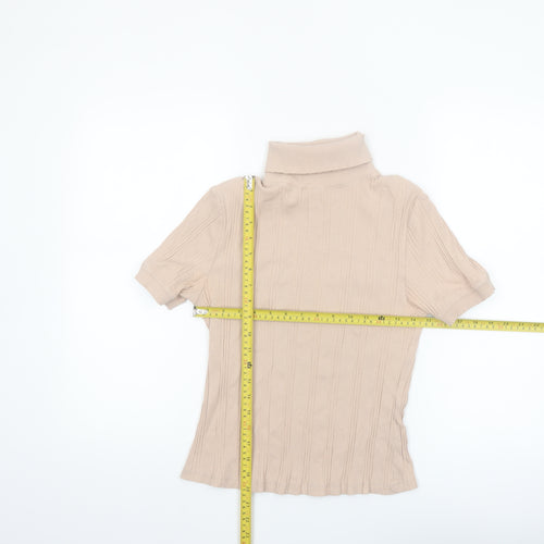 ZARA Women Beige Roll Neck Ribbed Short Sleeve Knit Top Size L