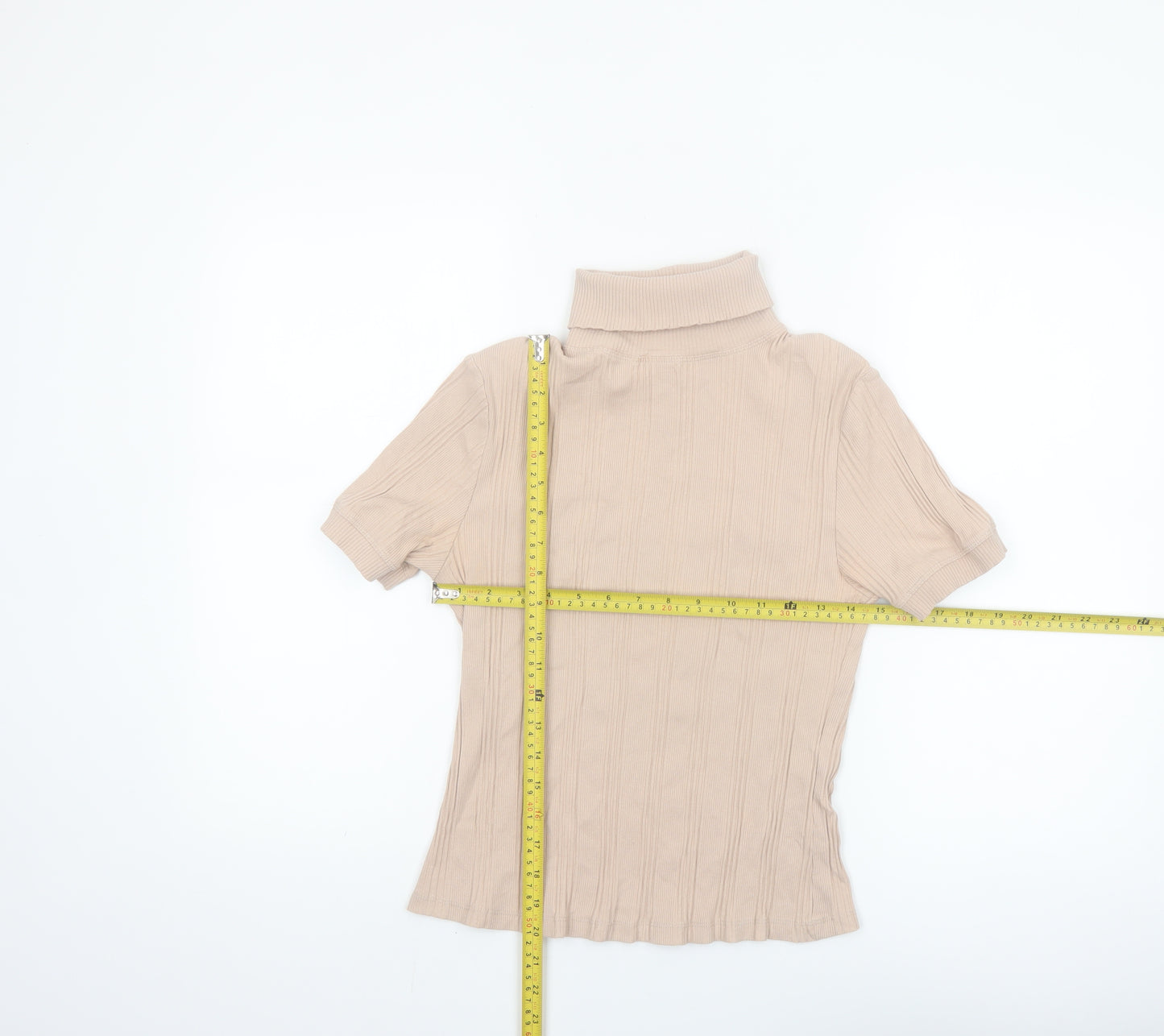 ZARA Women Beige Roll Neck Ribbed Short Sleeve Knit Top Size L