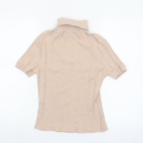 ZARA Women Beige Roll Neck Ribbed Short Sleeve Knit Top Size L