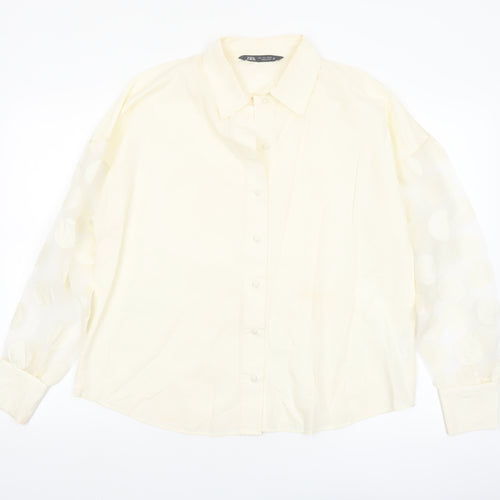 Zara Women Ivory Cotton Button-Up Shirt Size 14 Puff Sleeve