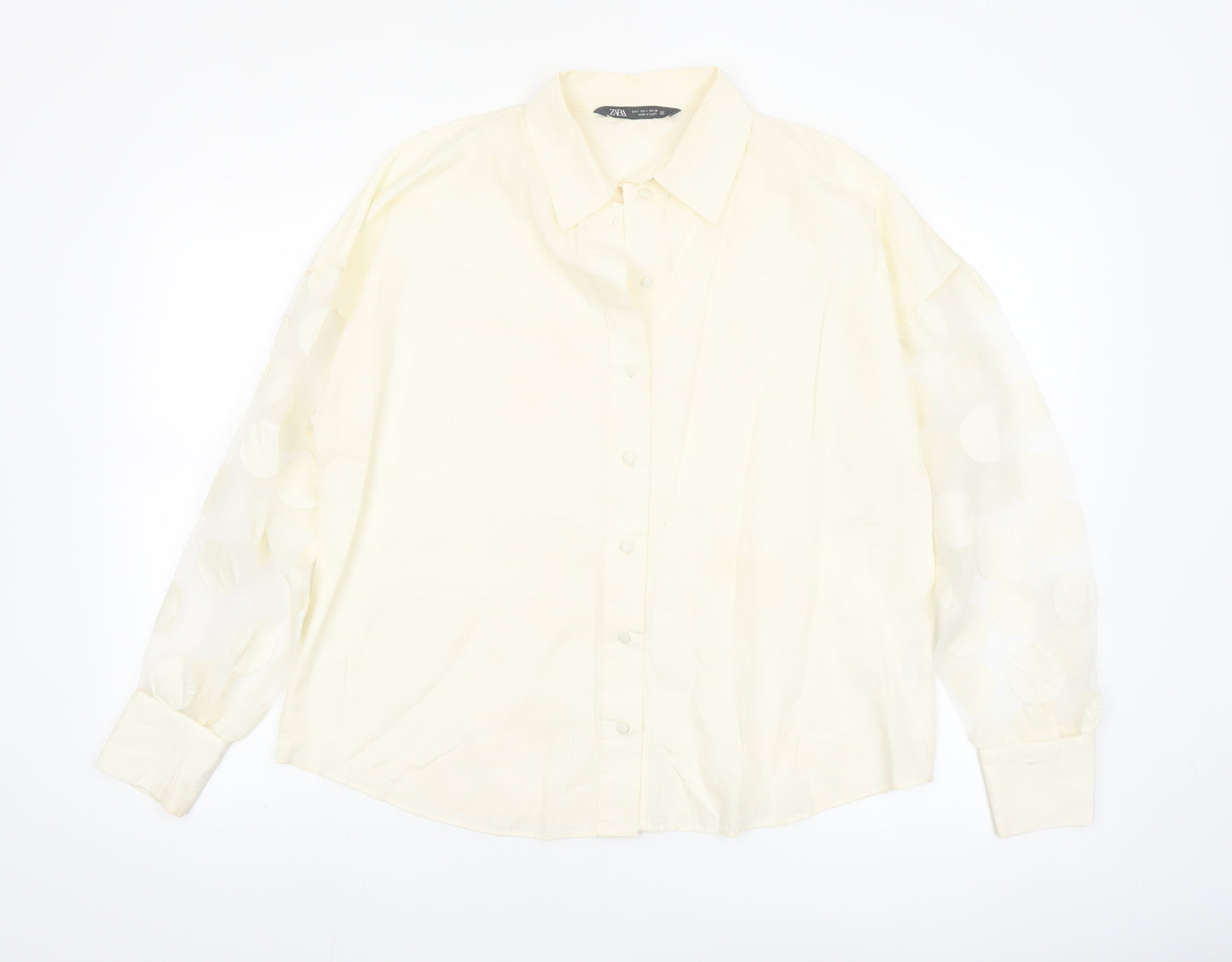 Zara Women Ivory Cotton Button-Up Shirt Size 14 Puff Sleeve