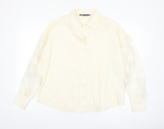 Zara Women Ivory Cotton Button-Up Shirt Size 14 Puff Sleeve