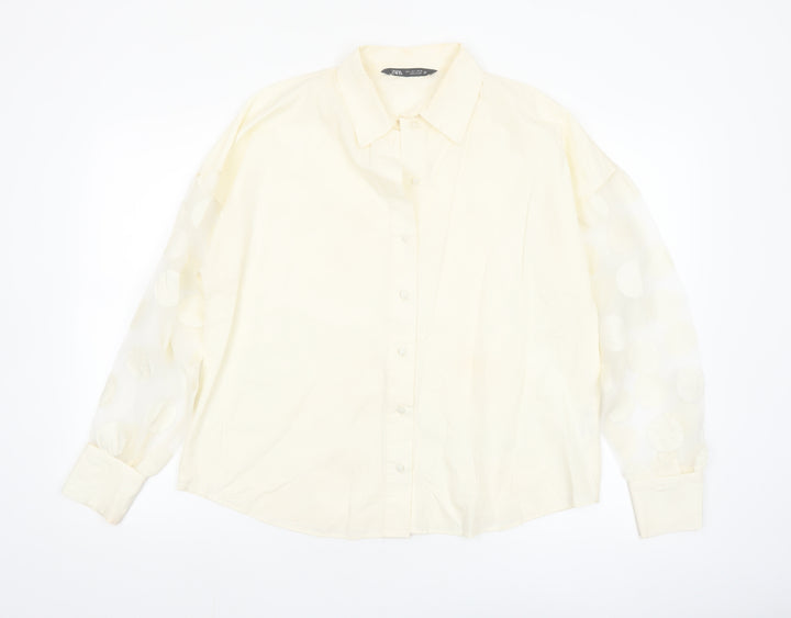 Zara Women Ivory Cotton Button-Up Shirt Size 14 Puff Sleeve