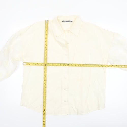 Zara Women Ivory Cotton Button-Up Shirt Size 14 Puff Sleeve