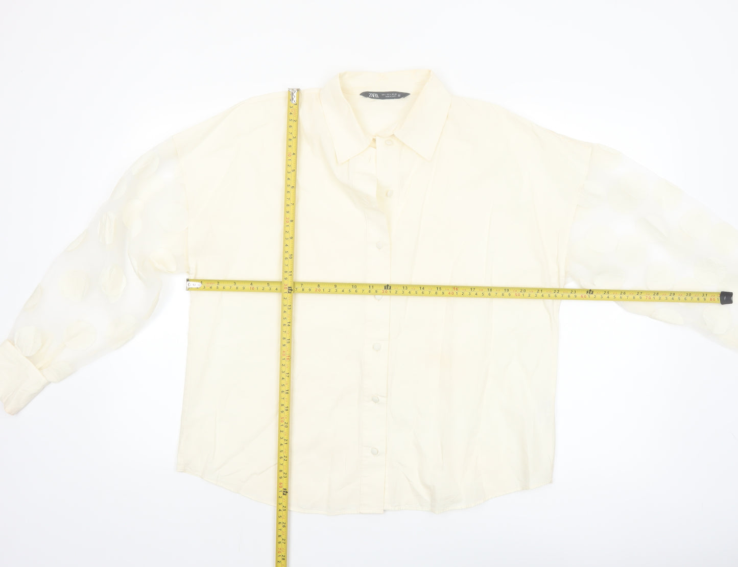 Zara Women Ivory Cotton Button-Up Shirt Size 14 Puff Sleeve