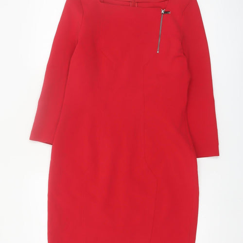 Pennyblack Women Red Sheath Dress Size 12 3/4 Sleeve Square Neck