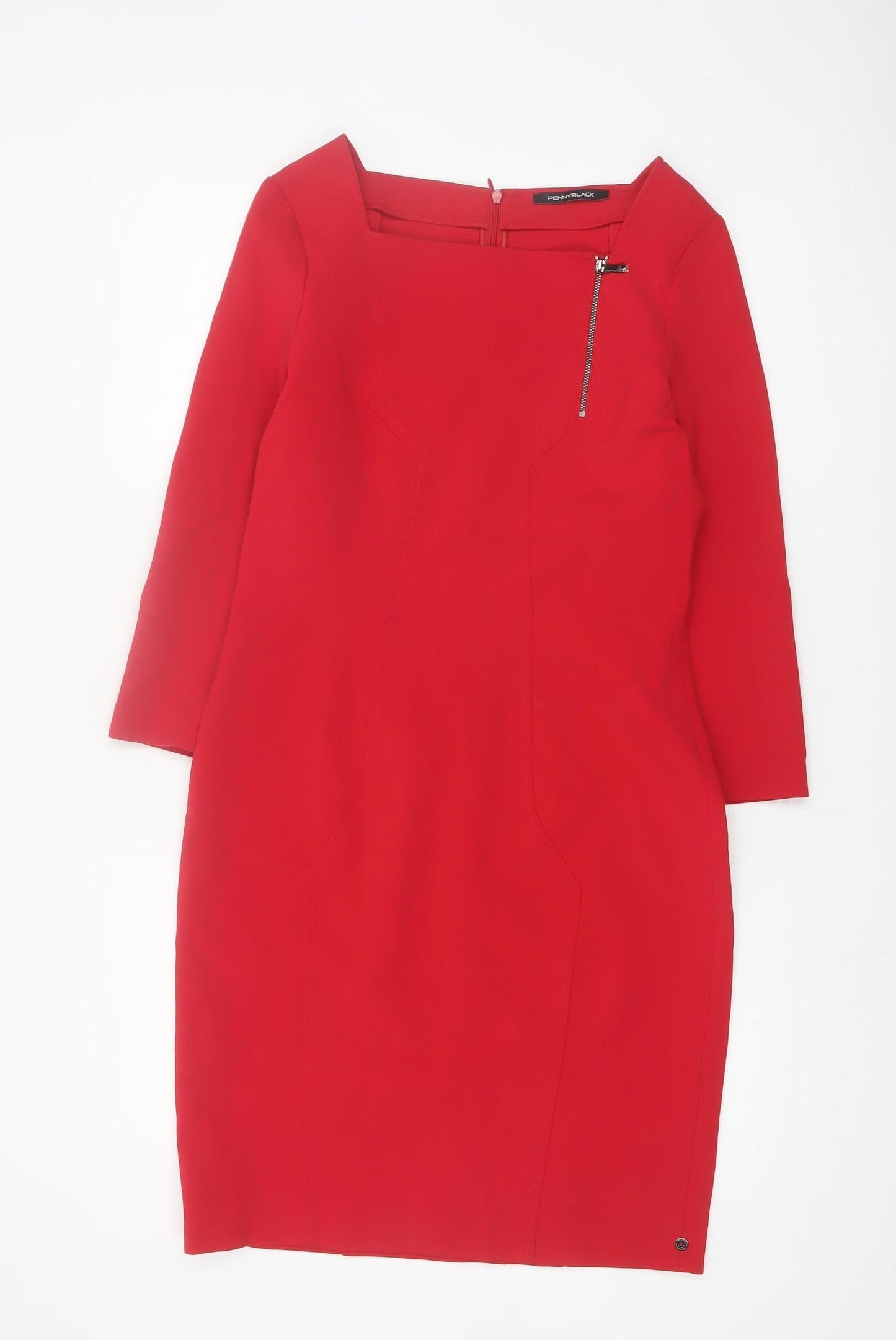 Pennyblack Women Red Sheath Dress Size 12 3/4 Sleeve Square Neck