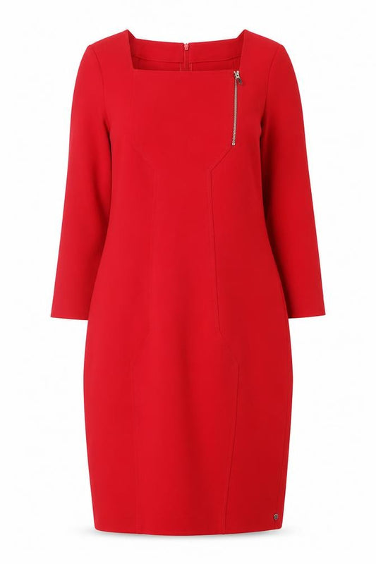 Front view of Pennyblack Women Red Sheath Dress, size 12, 3/4 Sleeve Square Neck