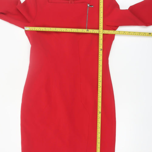 Pennyblack Women Red Sheath Dress Size 12 3/4 Sleeve Square Neck