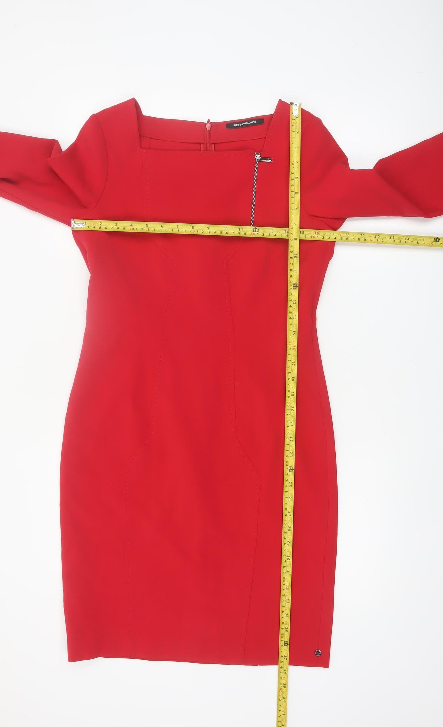 Pennyblack Women Red Sheath Dress Size 12 3/4 Sleeve Square Neck