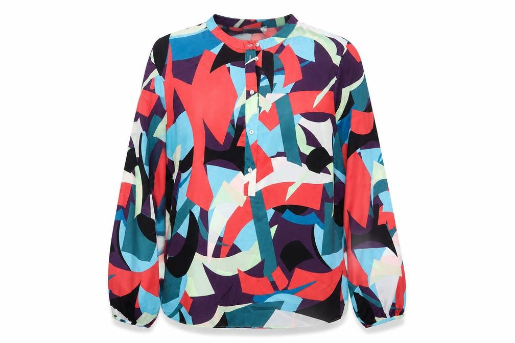 Front view of Gallery Women’s Multicoloured Geometric Long Sleeve Polyester Blouse, size UK 16
