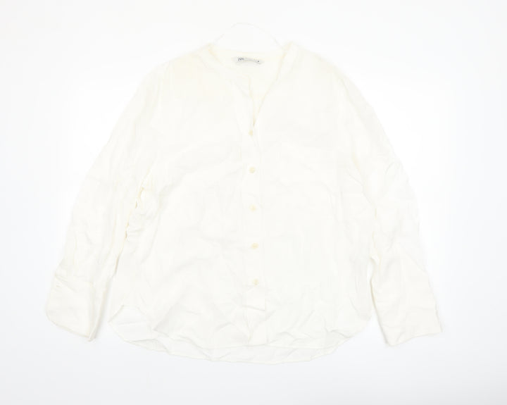 Zara Women Ivory Viscose Long Sleeve Button Blouse XL