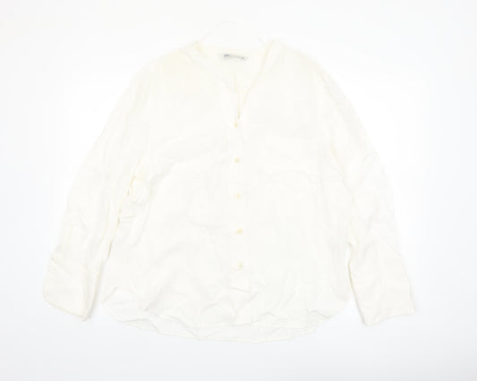 Zara Women Ivory Viscose Long Sleeve Button Blouse XL