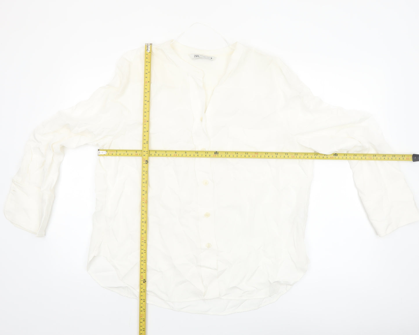 Zara Women Ivory Viscose Long Sleeve Button Blouse XL