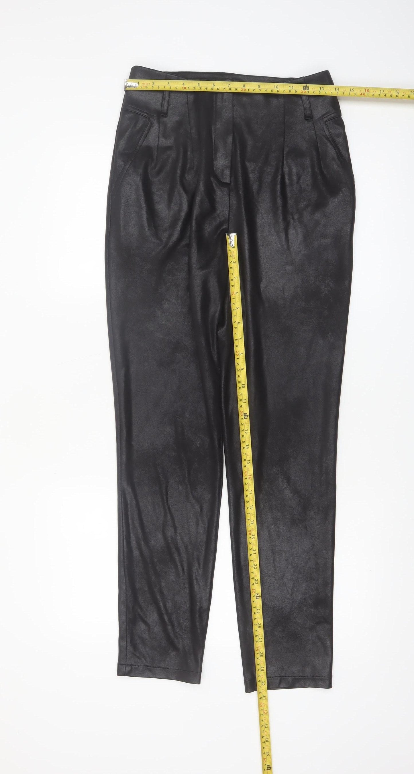 Eva Kayan Women's Black Faux Leather Pleated Tapered Trousers Size 8