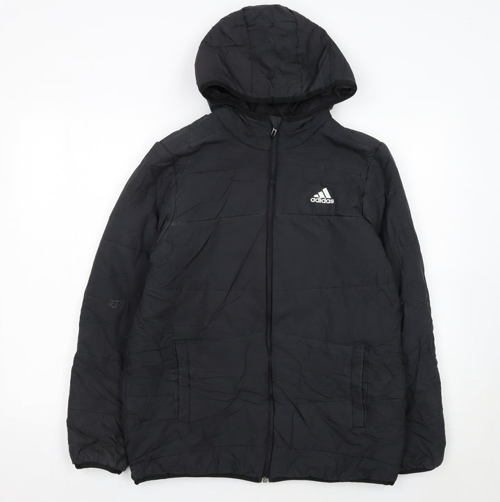 adidas Boys Black Hooded Puffer Jacket 13-14 Years Full Zip Lined