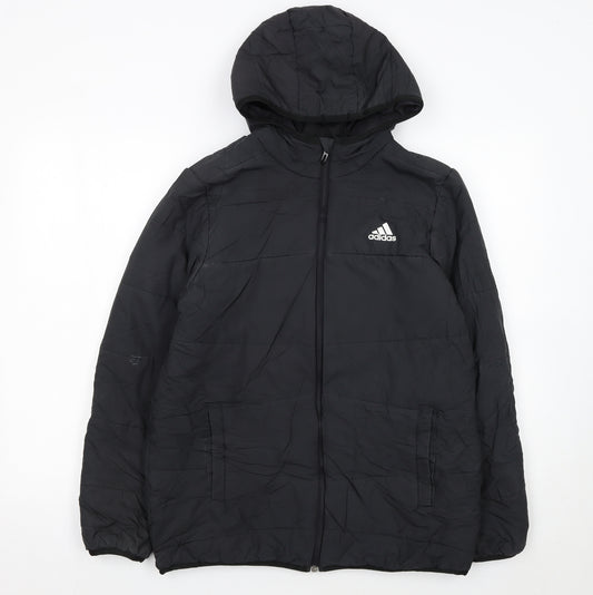 adidas Boys Black Hooded Puffer Jacket 13-14 Years Full Zip Lined