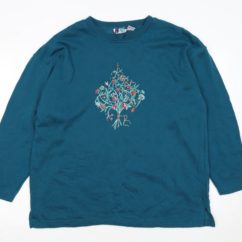 Bold Spirit Women Teal Embroidered Pullover Sweatshirt Size L