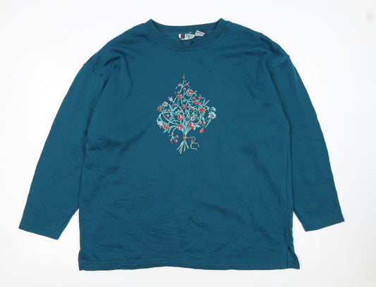 Bold Spirit Women Teal Embroidered Pullover Sweatshirt Size L