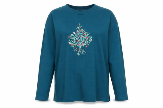Front view of Bold Spirit Women Teal Embroidered Pullover Sweatshirt, size L