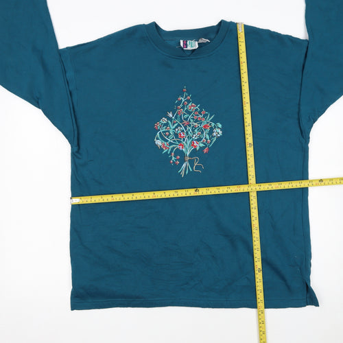 Bold Spirit Women Teal Embroidered Pullover Sweatshirt Size L
