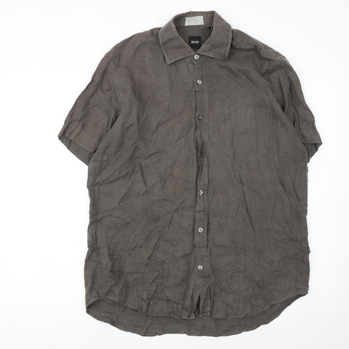 Hugo Boss Men's Brown Linen Short Sleeve Button-Up Shirt M