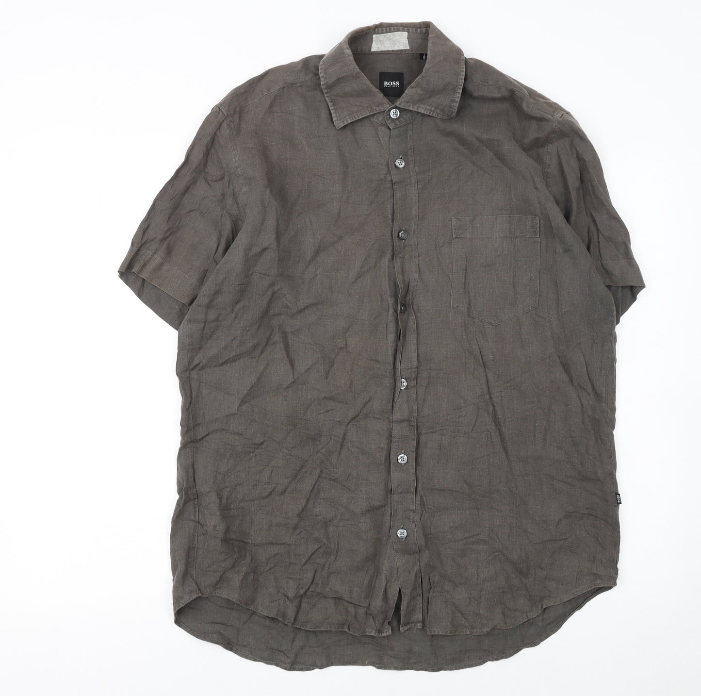 Hugo Boss Men's Brown Linen Short Sleeve Button-Up Shirt M