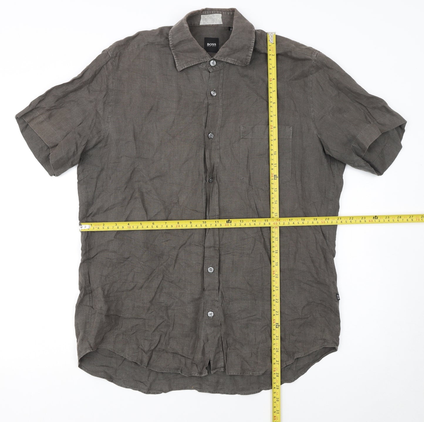 Hugo Boss Men's Brown Linen Short Sleeve Button-Up Shirt M