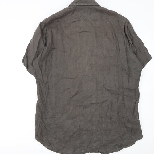 Hugo Boss Men's Brown Linen Short Sleeve Button-Up Shirt M