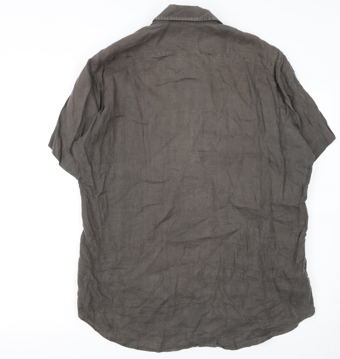 Hugo Boss Men's Brown Linen Short Sleeve Button-Up Shirt M
