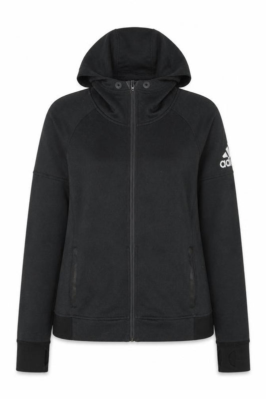 Front view of Adidas women’s black medium full zip hooded sweatshirt