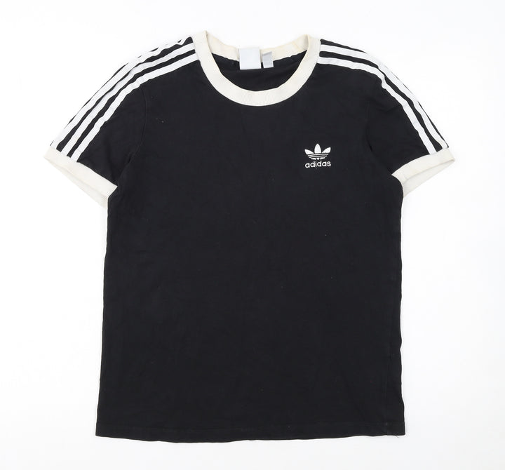 Adidas Womens Black Ringer Short Sleeve T-Shirt UK 10 Classic Style
