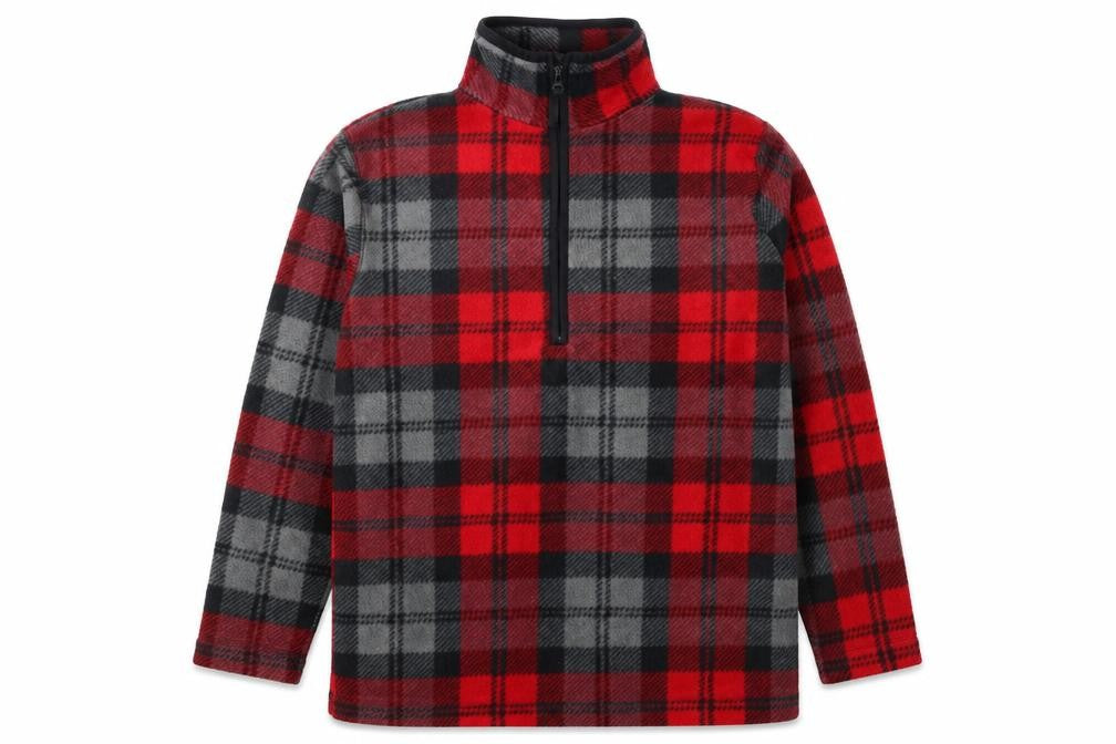 Front view of Cabin Creek Men's Red Black Plaid Fleece 1/4 Zip Pullover Sweatshirt M