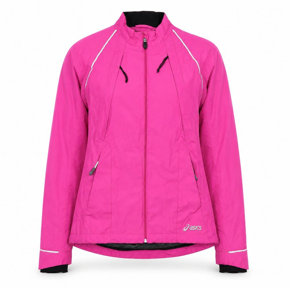 Front view of Asics women’s pink windbreaker jacket s lightweight running reflective